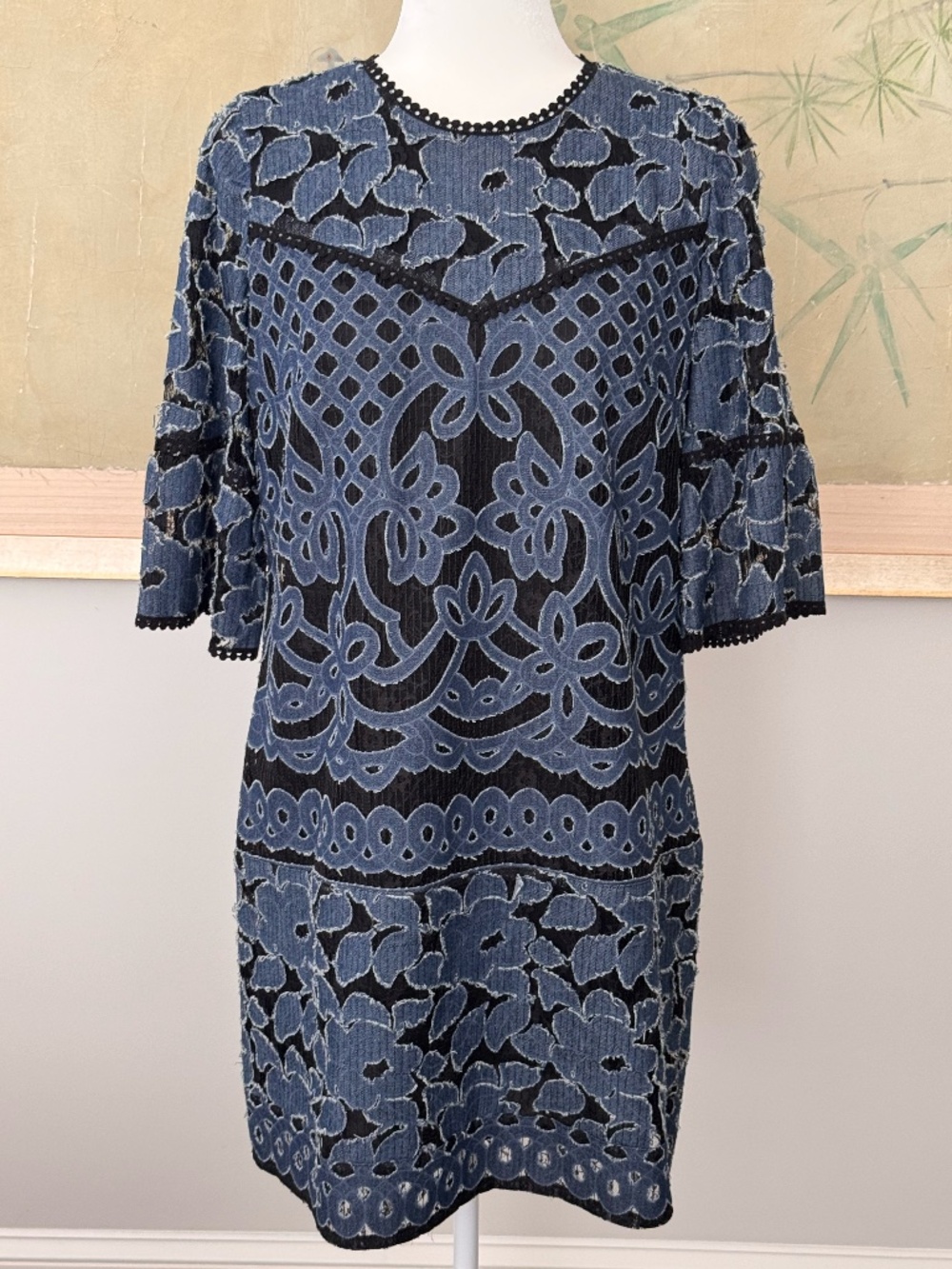 Anna Sui Blue Denim and Black Lace Dress